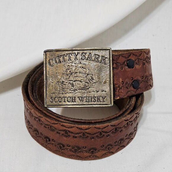 Vintage Handcrafted Leather Belt w/ Cutty Sark Scotch Whisky Buckle- READ - Picture 1 of 7